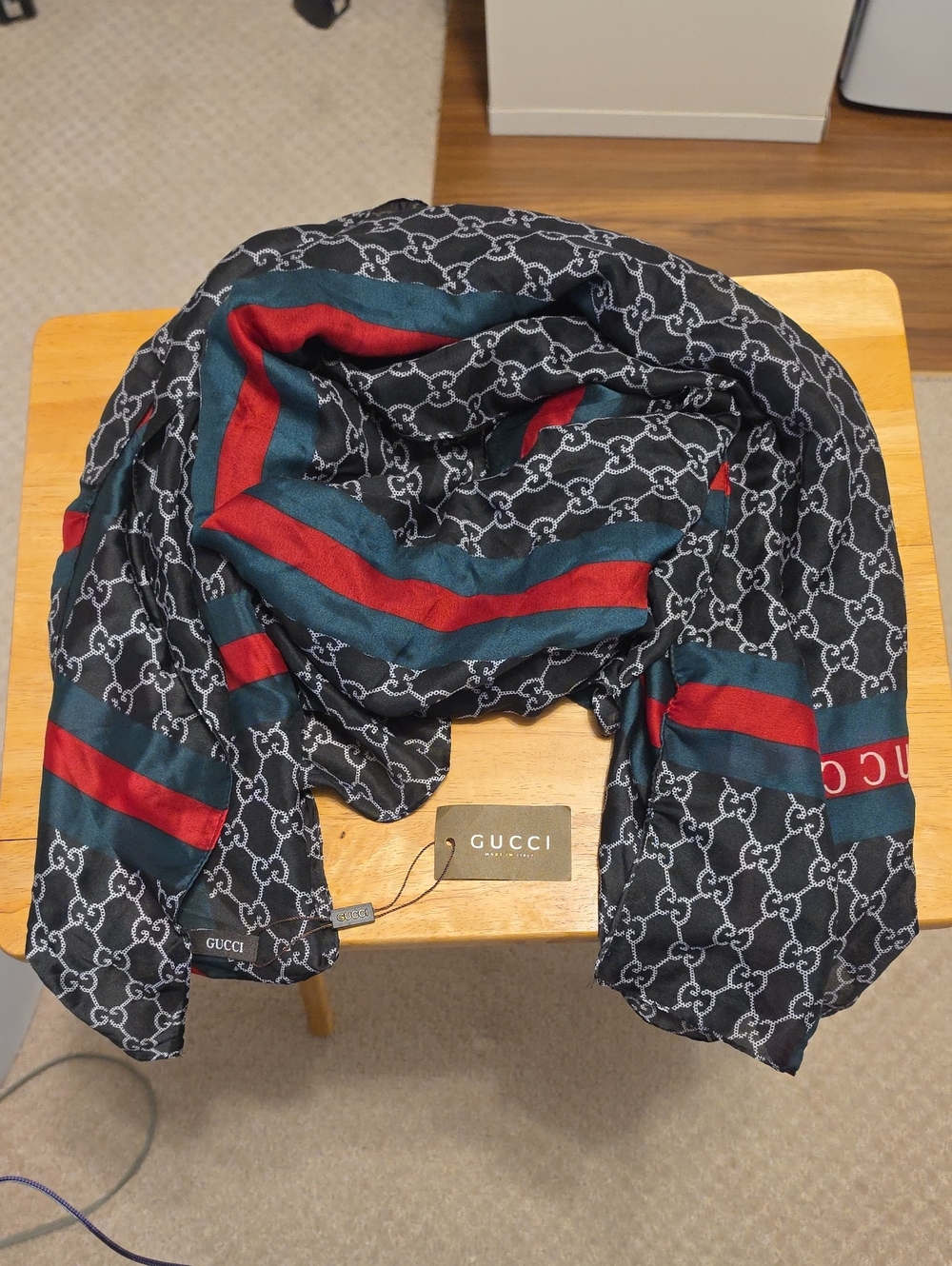 Gucci Black GG Monogram Scarf with Red and Green Stripes